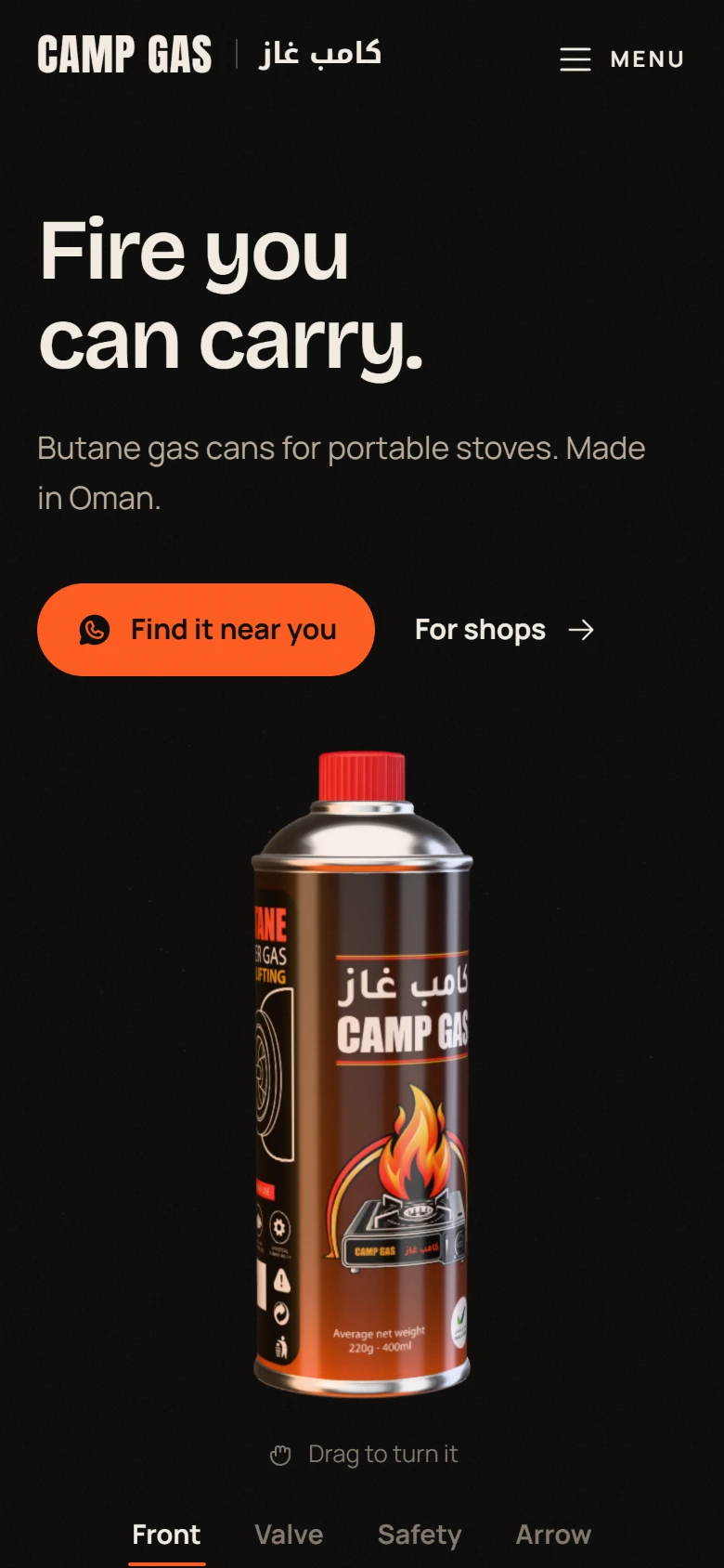 The Camp Gas home page on a phone