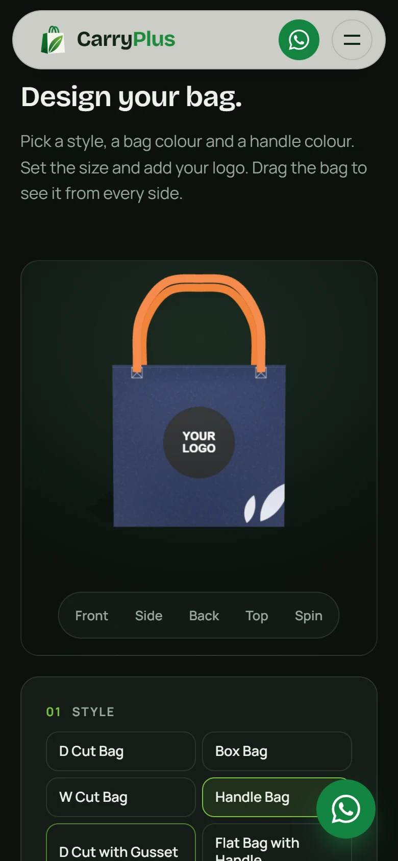 The CarryPlus bag designer on a phone