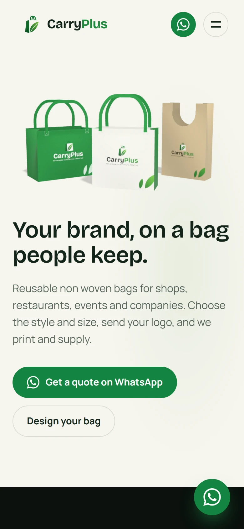 The CarryPlus home page on a phone