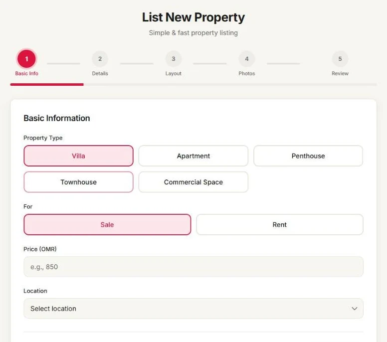 A five-step listing form in an admin panel: basic info, details, layout, photos and review